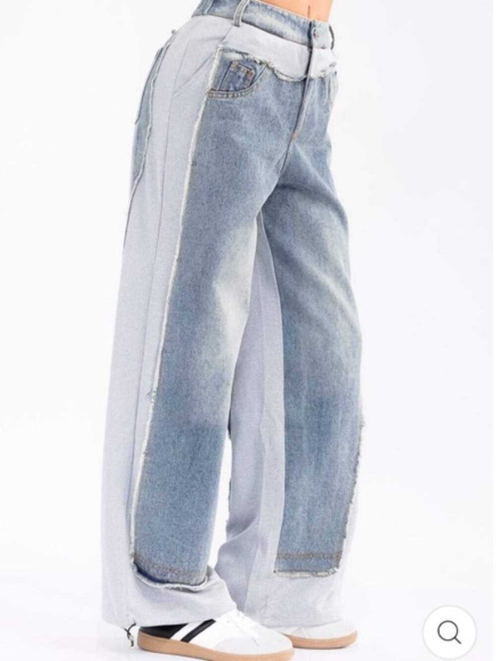 Wide-Leg Two-Tone Patchwork Jeans with Adjustable Jogger Bottom - Picture 5 of 9